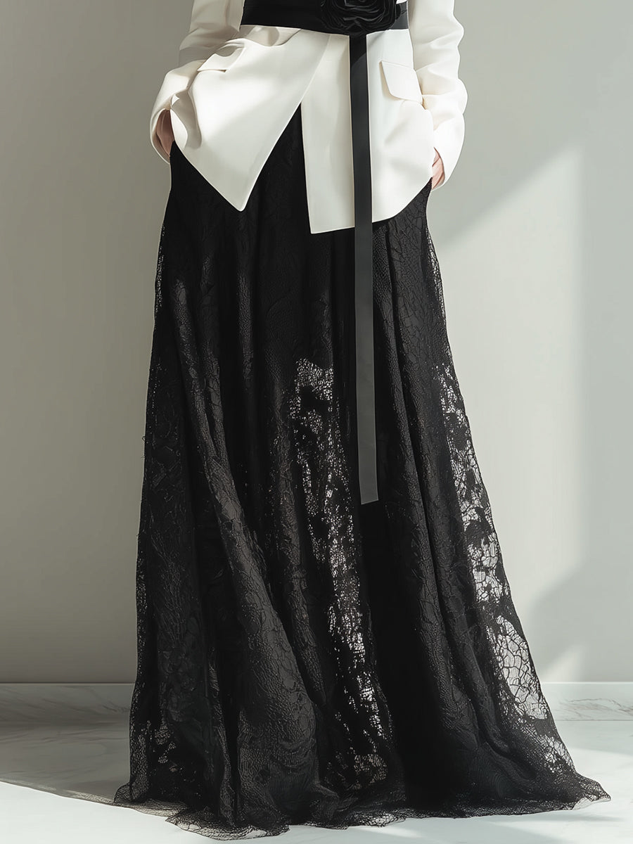 Elegant Two-Piece Tailored Blazer & Lace Maxi Skirt Set ZJ