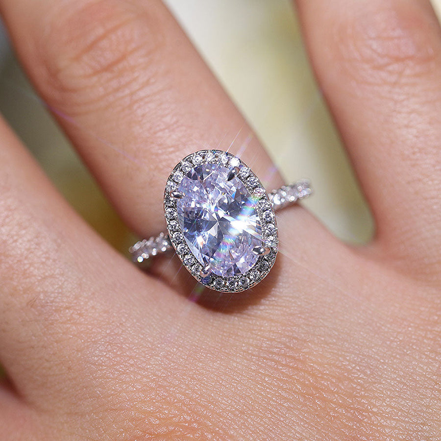 Stunning Oval Cut Halo Design Sterling Silver Engagement Ring Shine of Diamond