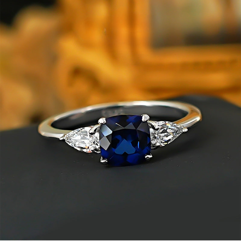 Three Stone Blue Cushion Cut Sterling Silver Ring Carly Jewelry