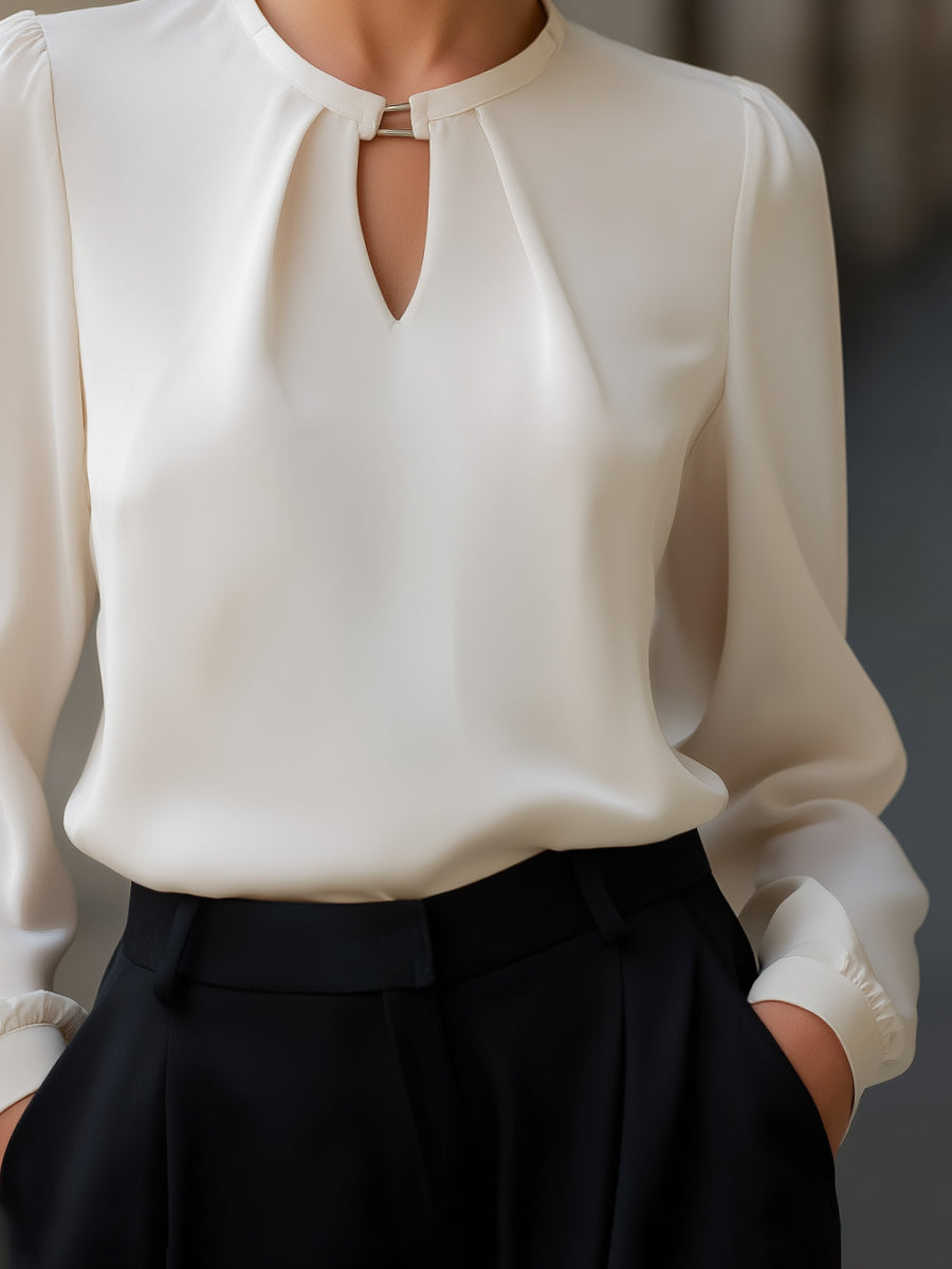 Elegant Keyhole Front Blouse With Gold Bar Detail MLZ