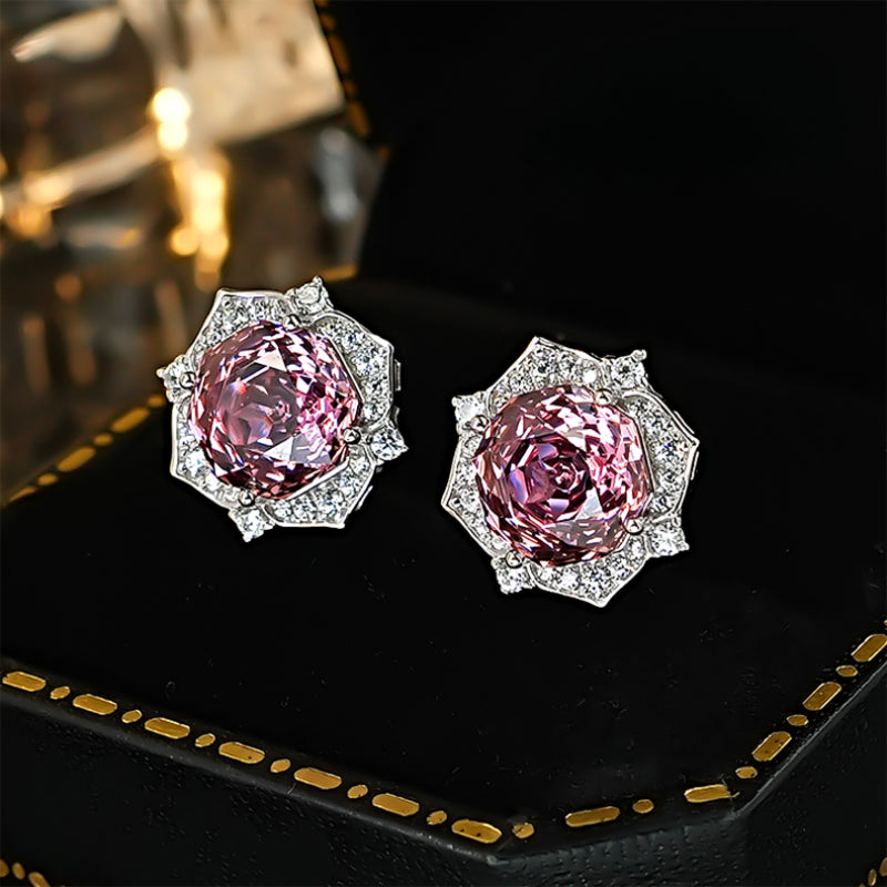 Pink Flower Design Sterling Silver Stud Earrings Shine of Diamond