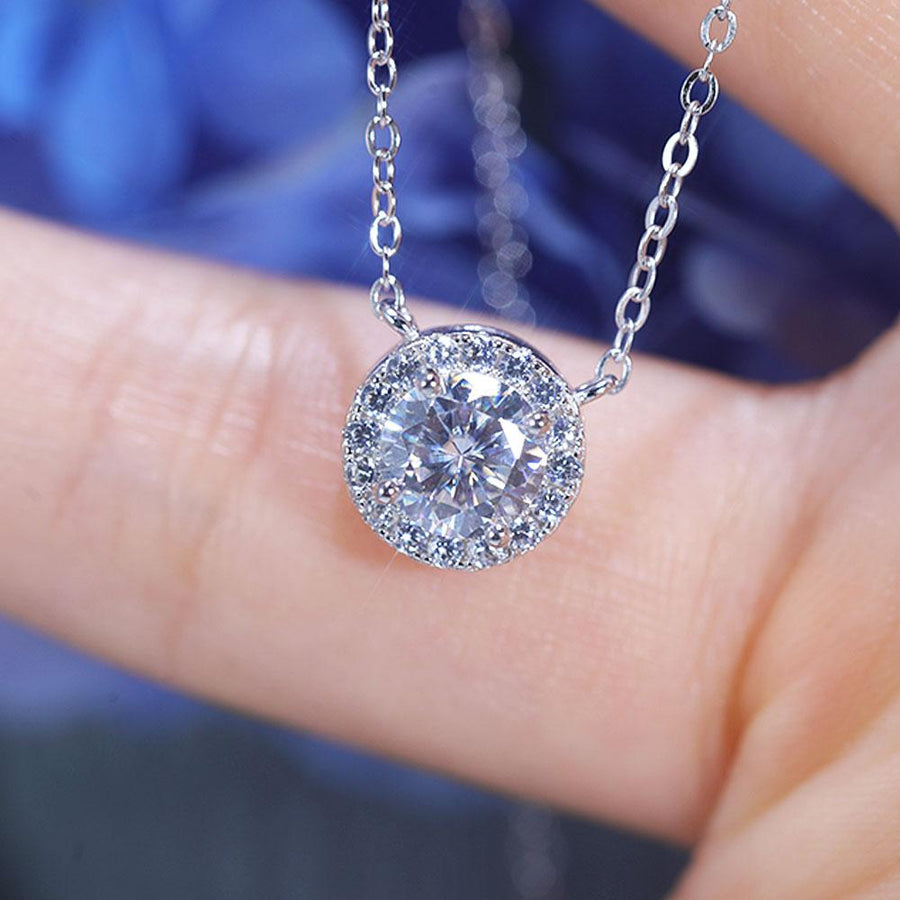 Classic 1.0 CT Round Cut Halo Design Moissanite Necklace Shine of Diamond