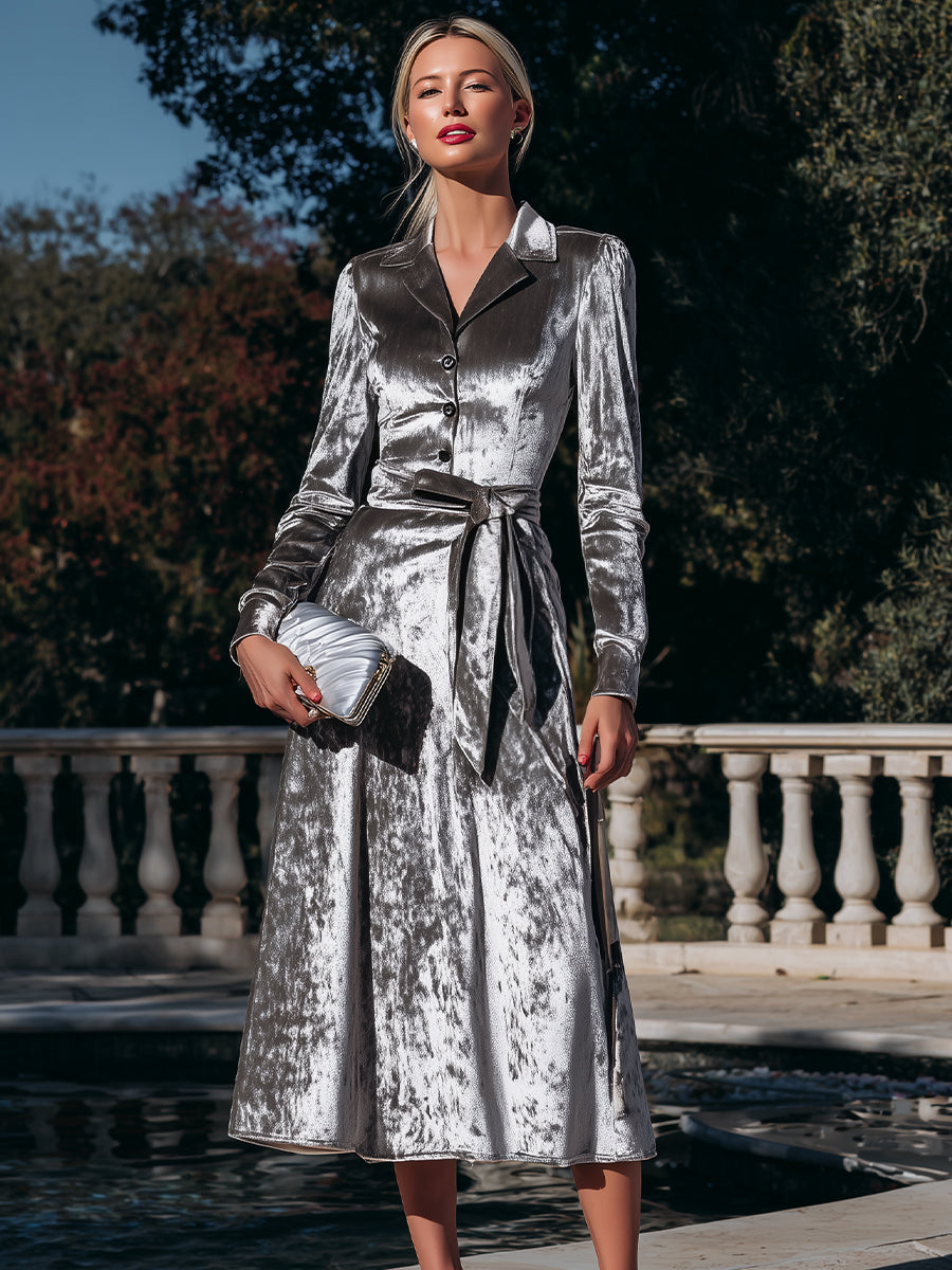 Button-Front Belted Midi Coat Dress XYS
