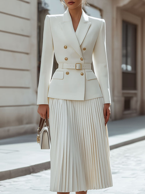 Ivory Double-Breasted Belted Blazer & Pleated Skirt Set SN