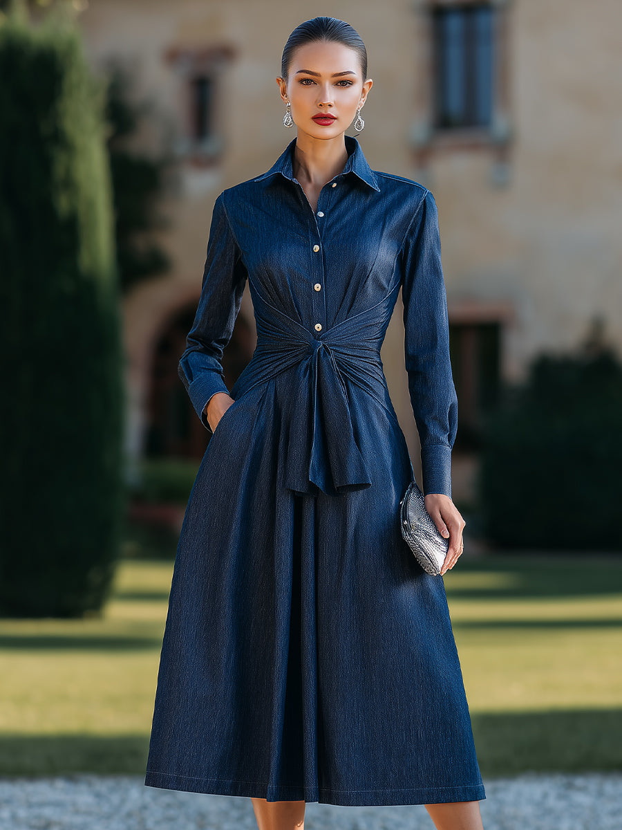 Tailored Shirt-Dress With Cinched Waist Tie Detail XYS