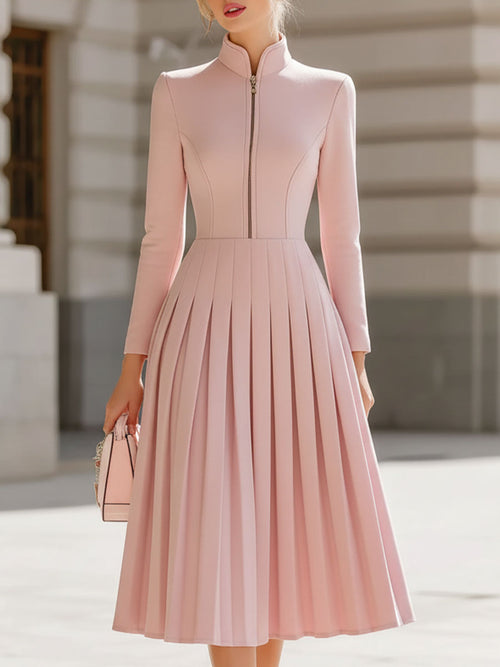 Elegant Blush Pink Pleated Midi Dress With Stand Collar SN