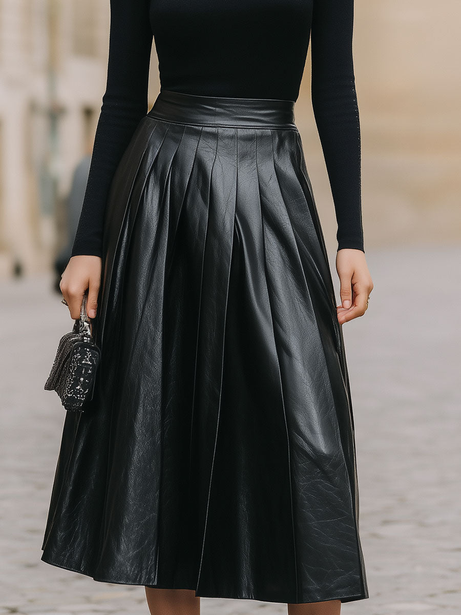 CAAYWORLD Sleek Black Turtleneck & Leather Pleated Skirt Set SN