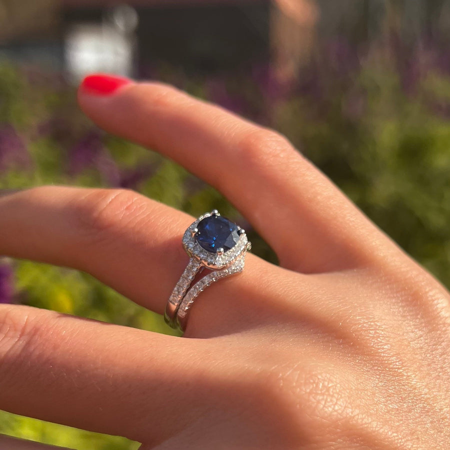 Royal Blue Cushion Cut Halo Bridal Set With V-Shape Band Shine of Diamond