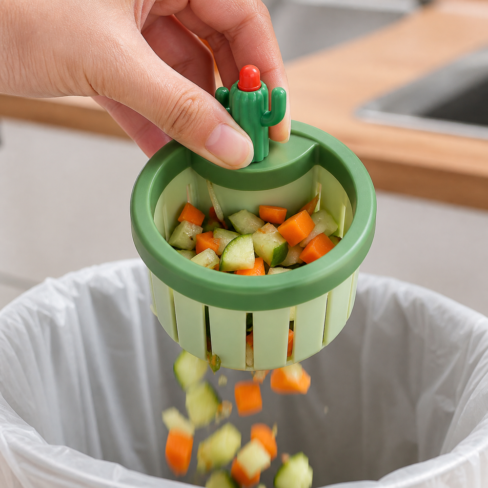 Cacticlean cactus handle lifting food scraps into the trash