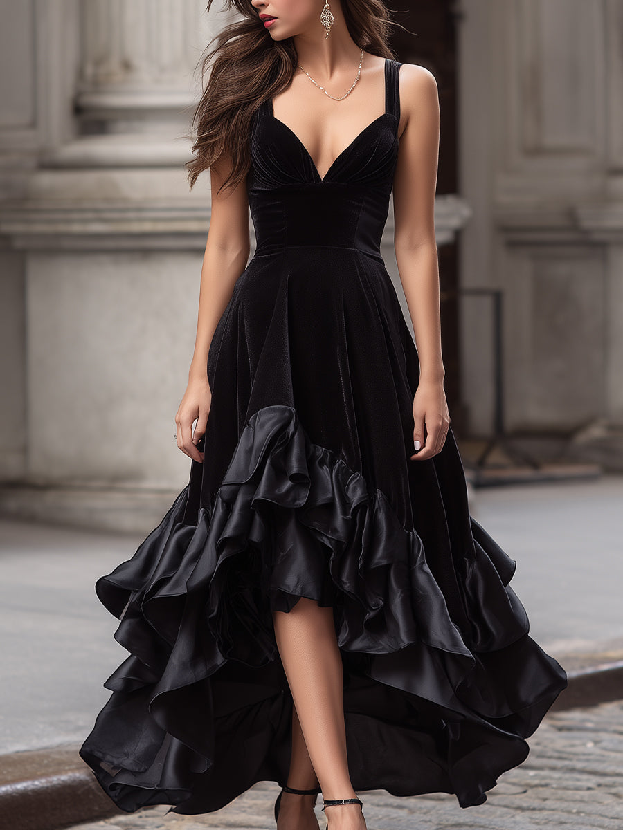 Velvet High-Low Evening Gown With Layered Ruffled Hem ZJ