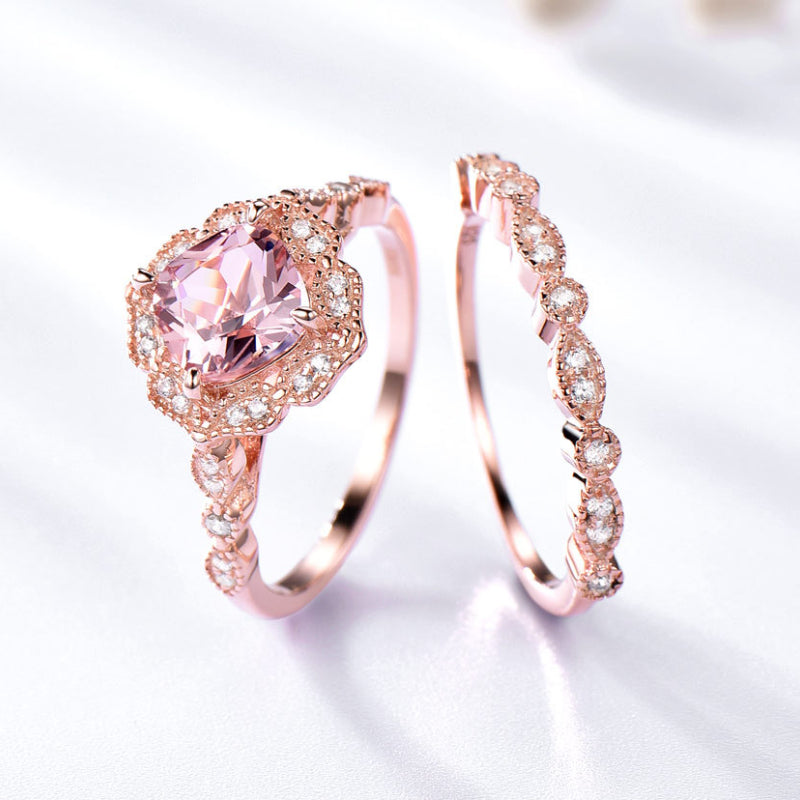 Vintage Pink Morganite Rose Gold Tone Ring Set Carly Jewelry