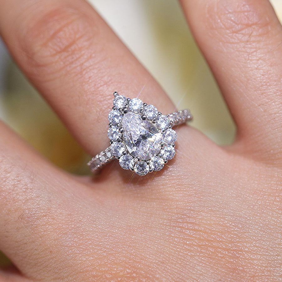 Stunning Pear Cut Halo Design Sterling Silver Engagement Ring Shine of Diamond