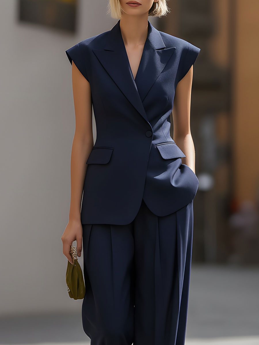 CAAYWORLD Presents The Sleek Navy Sleeveless Blazer & Wide-Leg Trouser Set SN