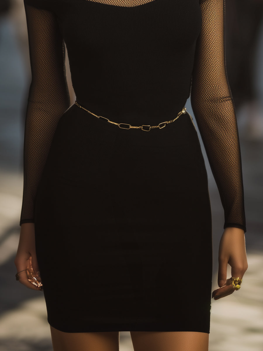 Elegant Mesh-Panel Cutout Bodycon Dress HWT