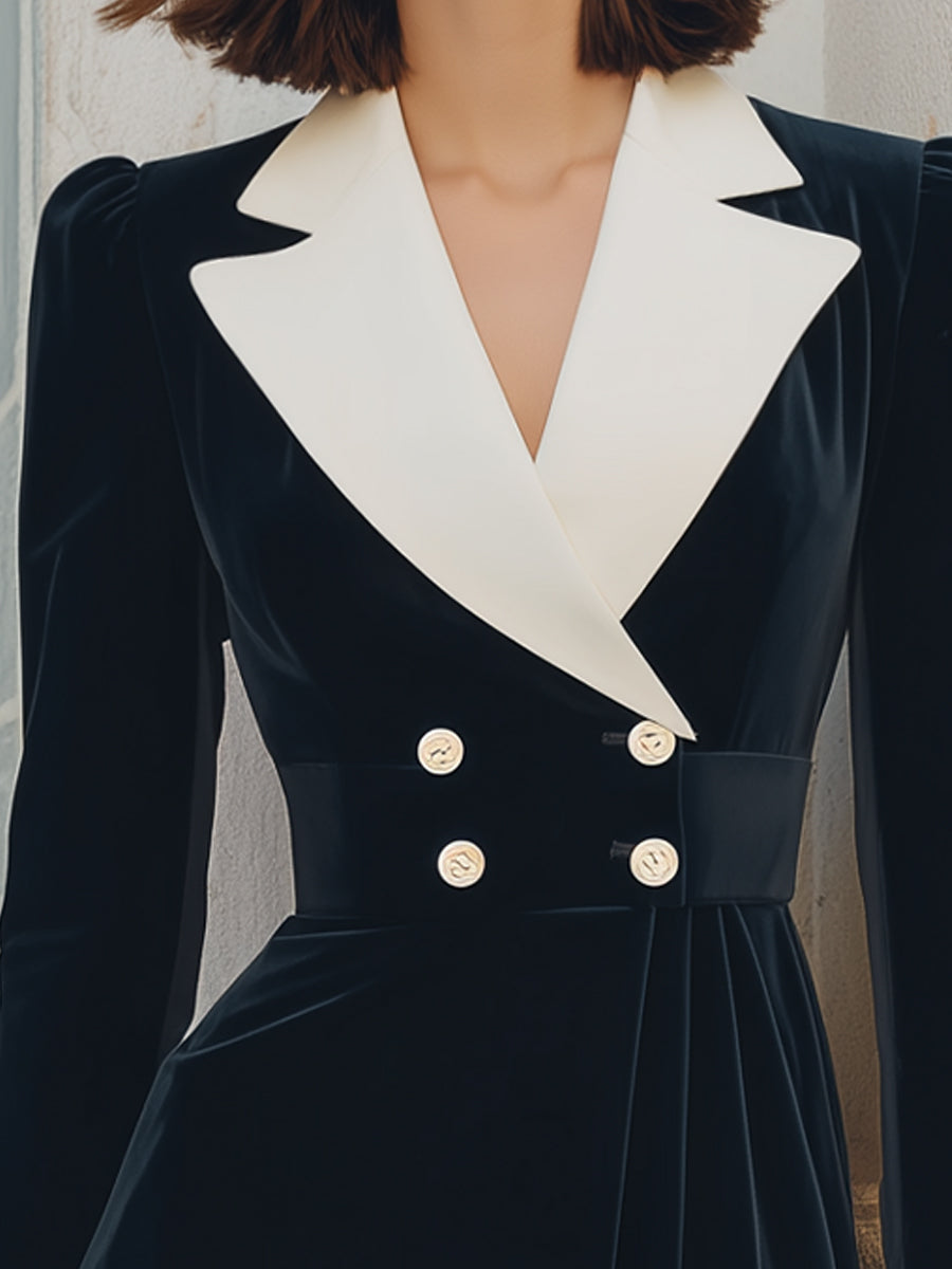 Black Velvet Contrast-Lapel Double-Breasted Blazer Dress ZJ