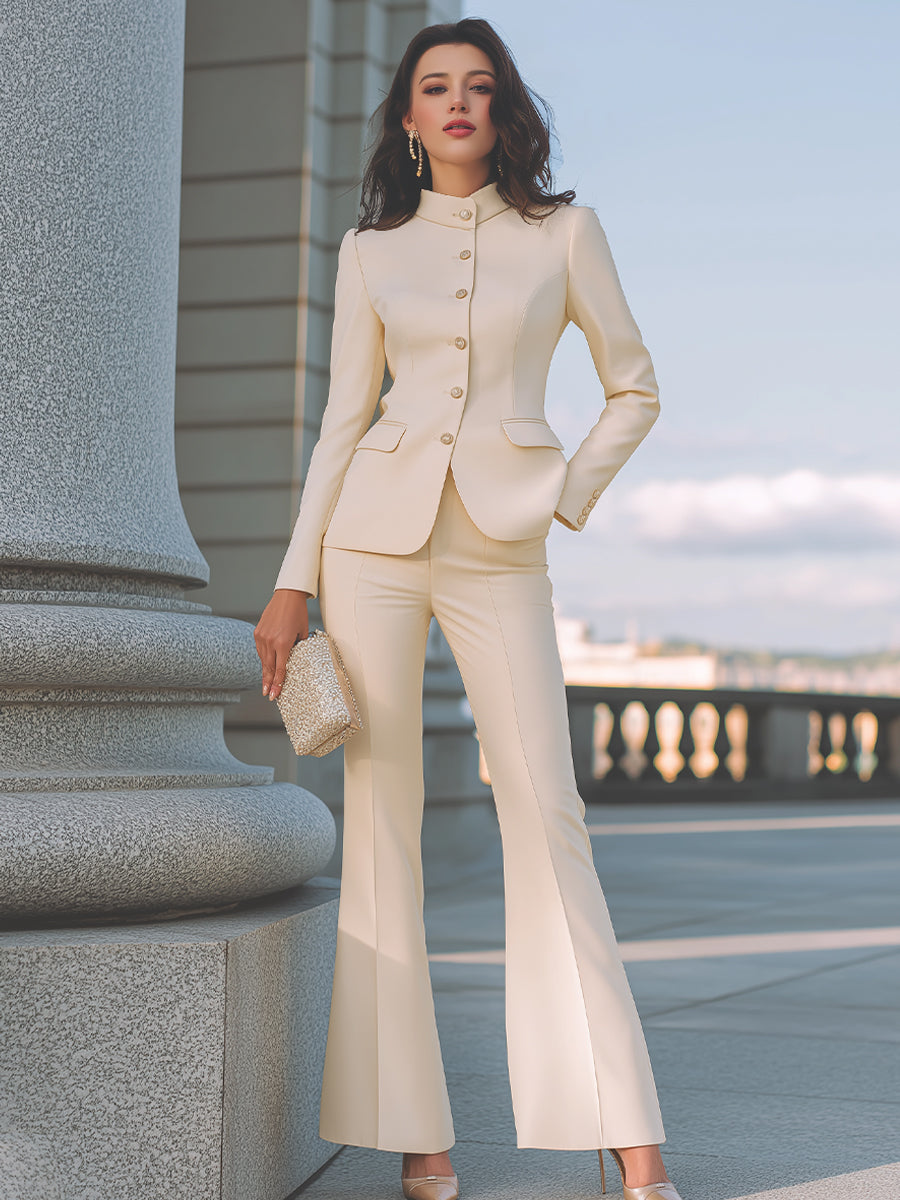 Stand Collar Tailored Blazer And Flared Trousers Set XYS