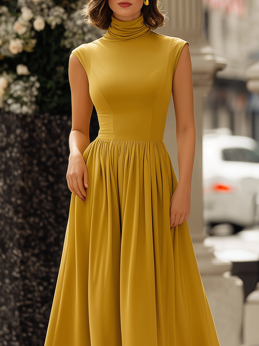 Two-Way Convertible High-Neck Draped Midi Dress MLZ