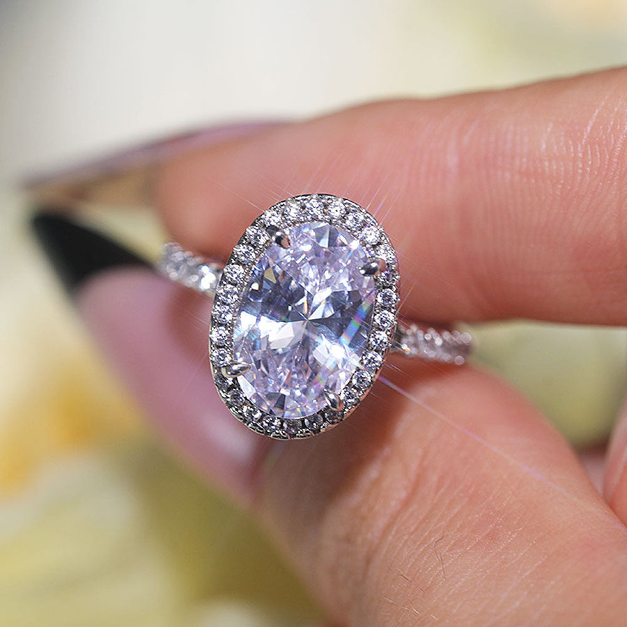 Stunning Oval Cut Halo Design Sterling Silver Engagement Ring Shine of Diamond