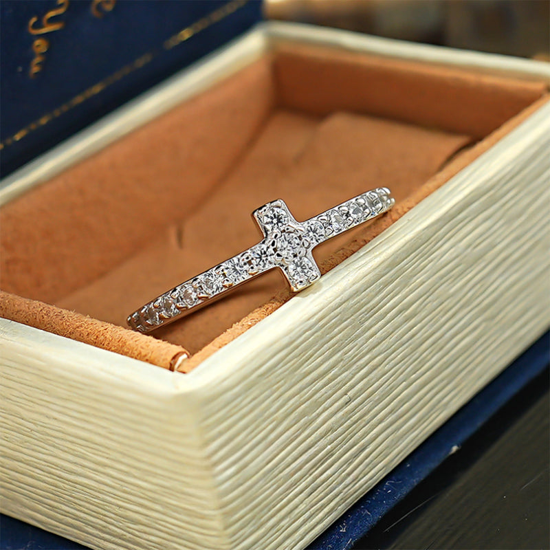 Simple Cross Design Sterling Silver Band Shine of Diamond