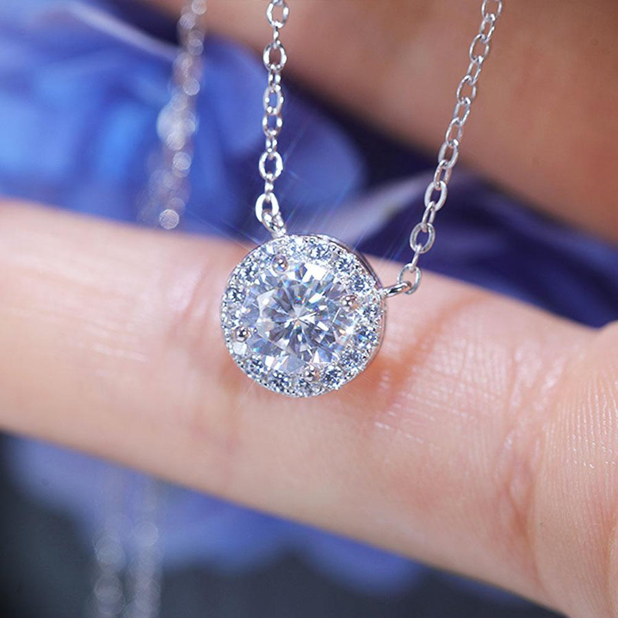 Classic 1.0 CT Round Cut Halo Design Moissanite Necklace Shine of Diamond