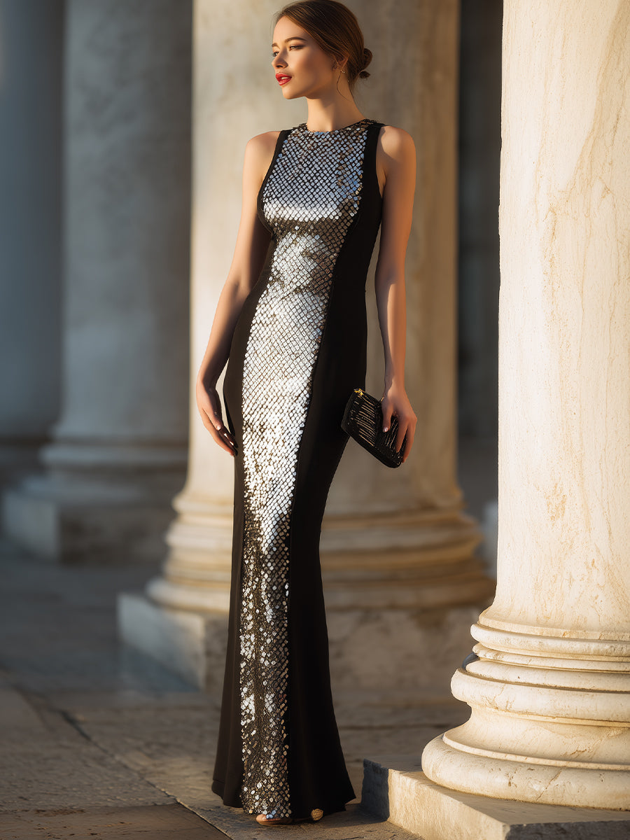 Sculpted Panel Evening Gown With Sleeveless Silhouette XYS