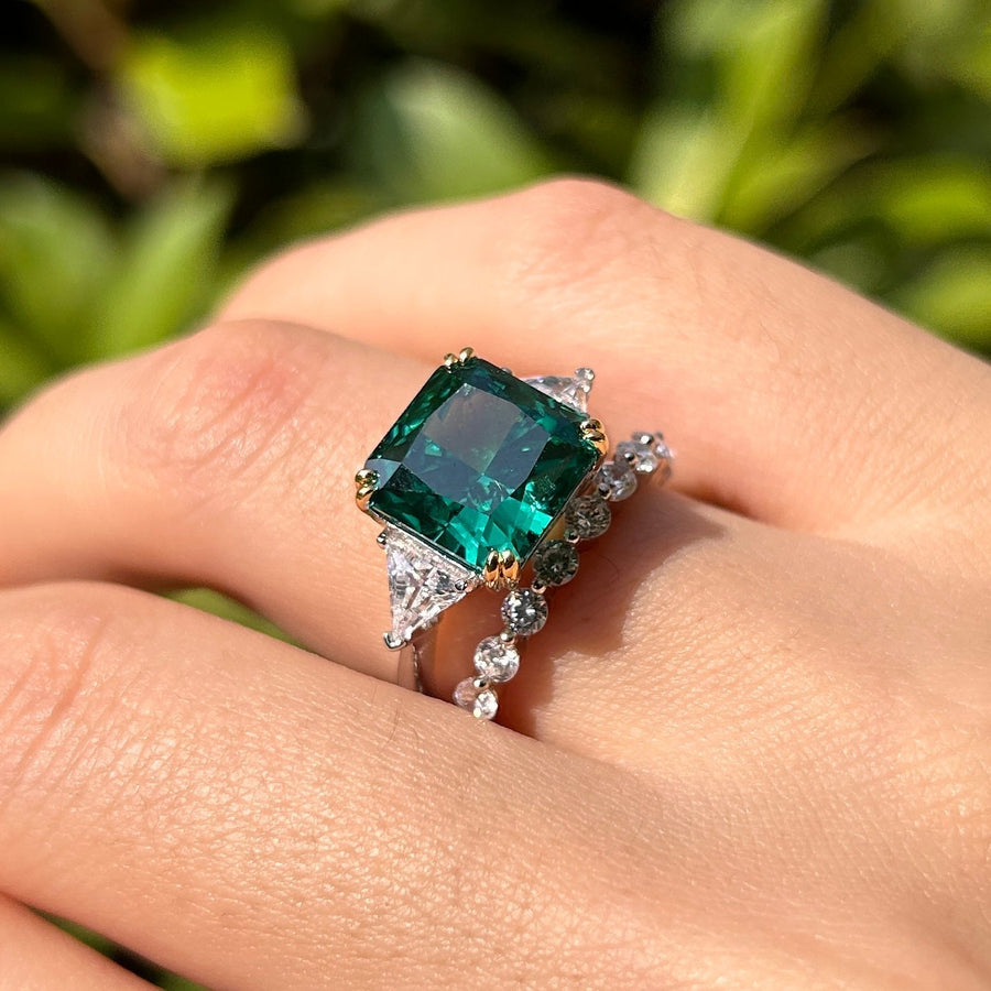 Vintage Emerald Green Radiant Cut Sterling Silver Bridal Set Carly Jewelry