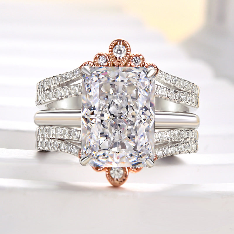 2PCS Crown Design Radiant Cut Enhancer Wedding Ring Set Shineofidamond