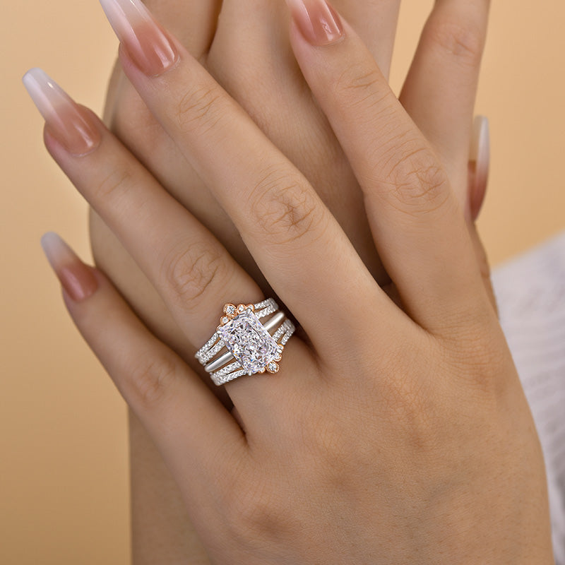 2PCS Crown Design Radiant Cut Enhancer Wedding Ring Set Shineofidamond
