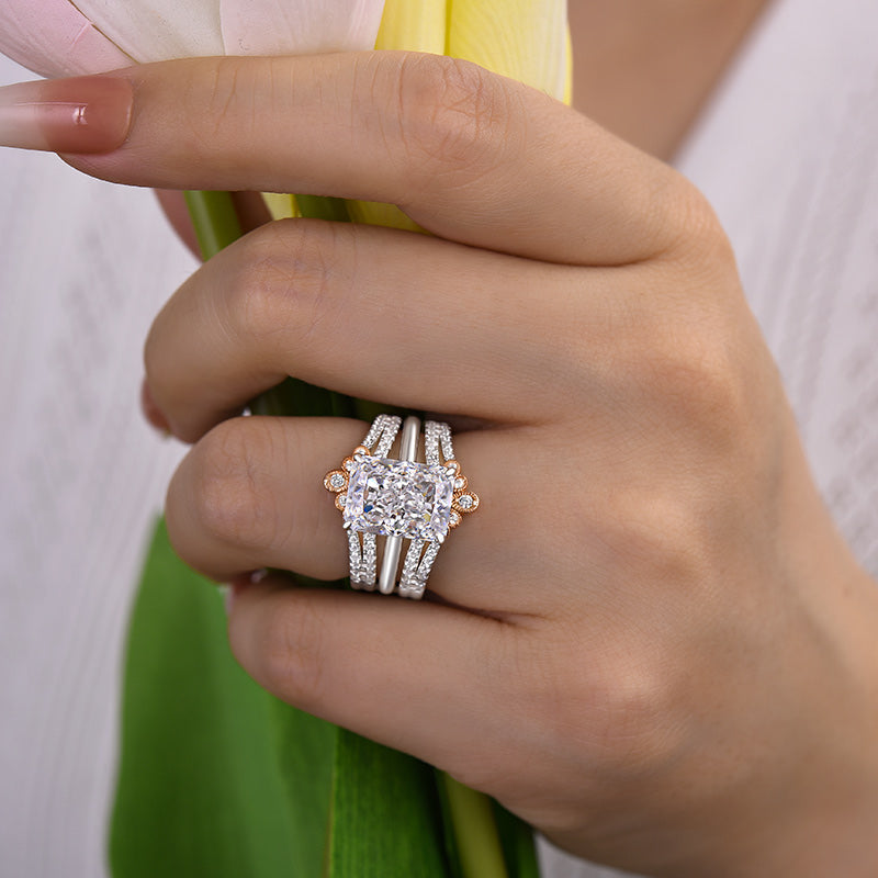 2PCS Crown Design Radiant Cut Enhancer Wedding Ring Set Shineofidamond