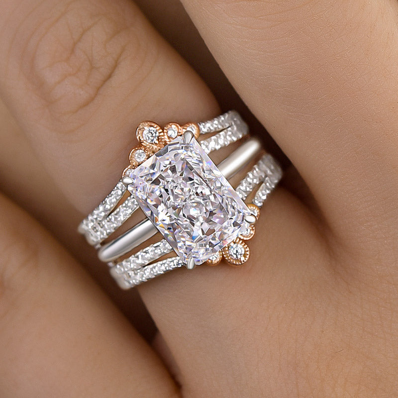 2PCS Crown Design Radiant Cut Enhancer Wedding Ring Set Shineofidamond