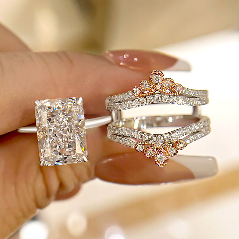 2PCS Crown Design Radiant Cut Enhancer Wedding Ring Set Shineofidamond