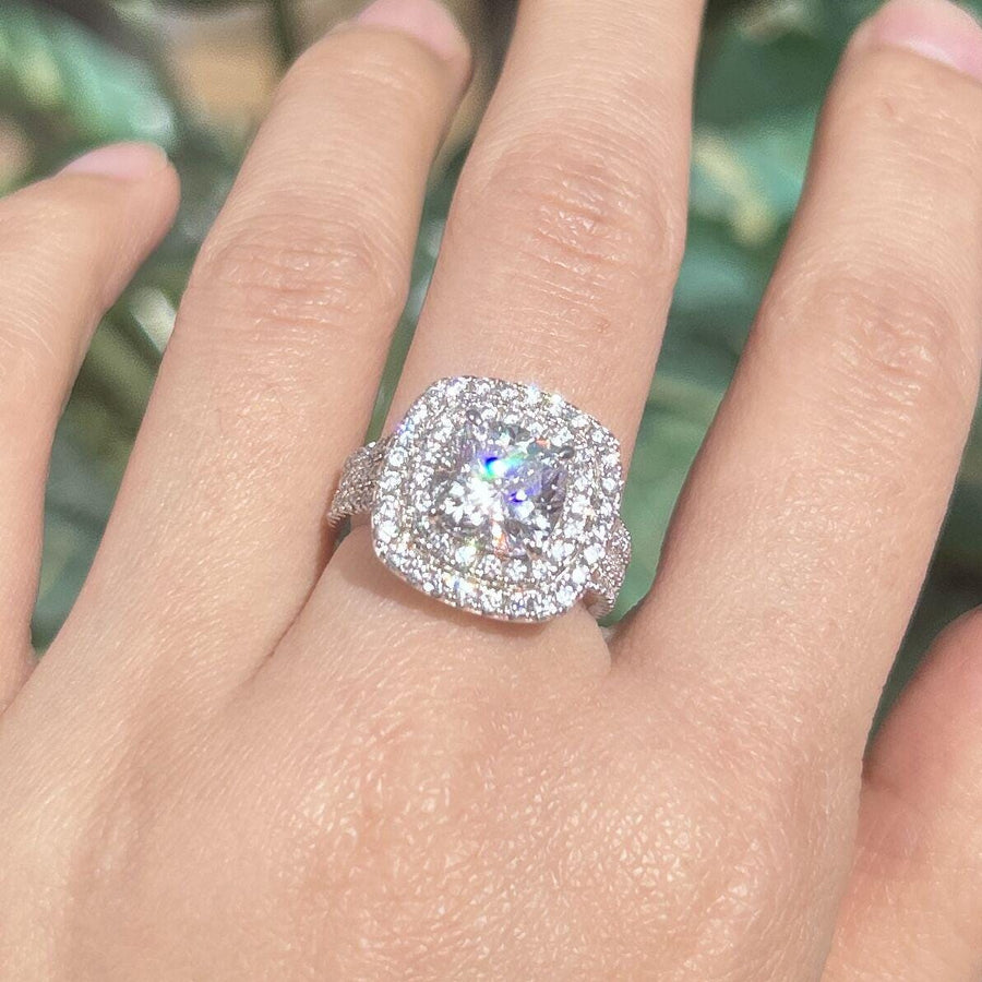 Stunning Double Halo Three Shank Cushion Cut Sterling Silver Engagement Ring hot