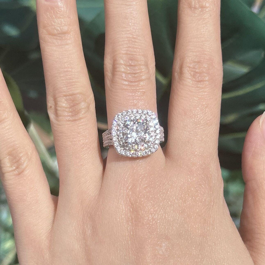 Stunning Double Halo Three Shank Cushion Cut Sterling Silver Engagement Ring hot