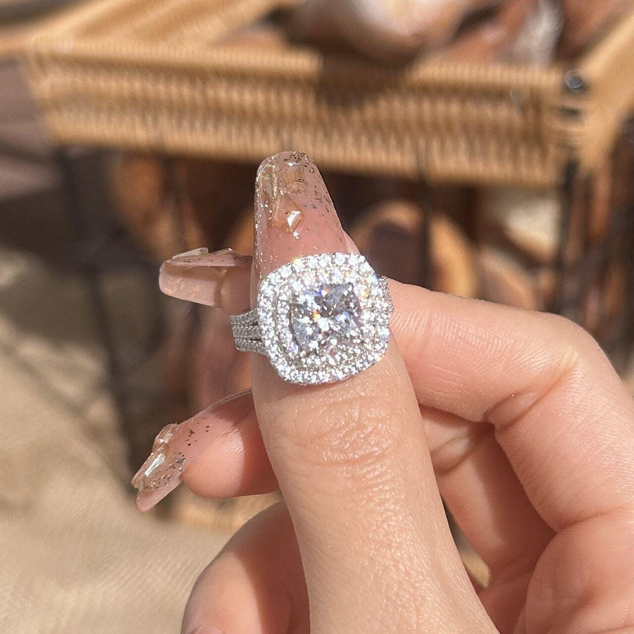 Stunning Double Halo Three Shank Cushion Cut Sterling Silver Engagement Ring hot