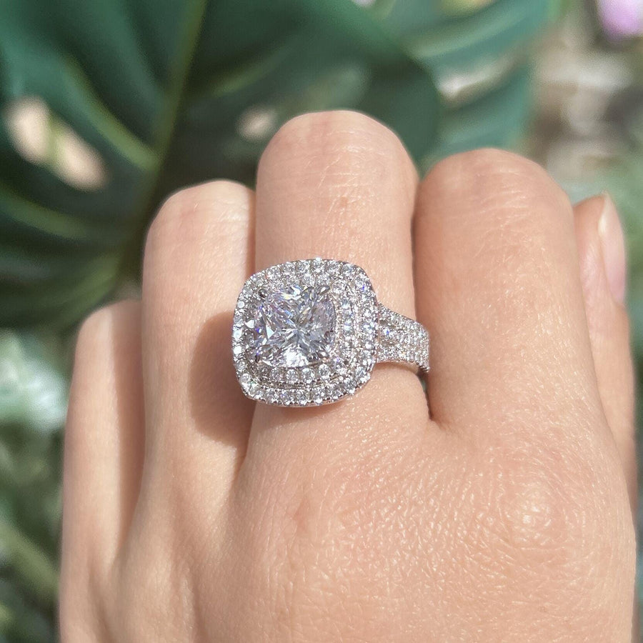 Stunning Double Halo Three Shank Cushion Cut Sterling Silver Engagement Ring hot