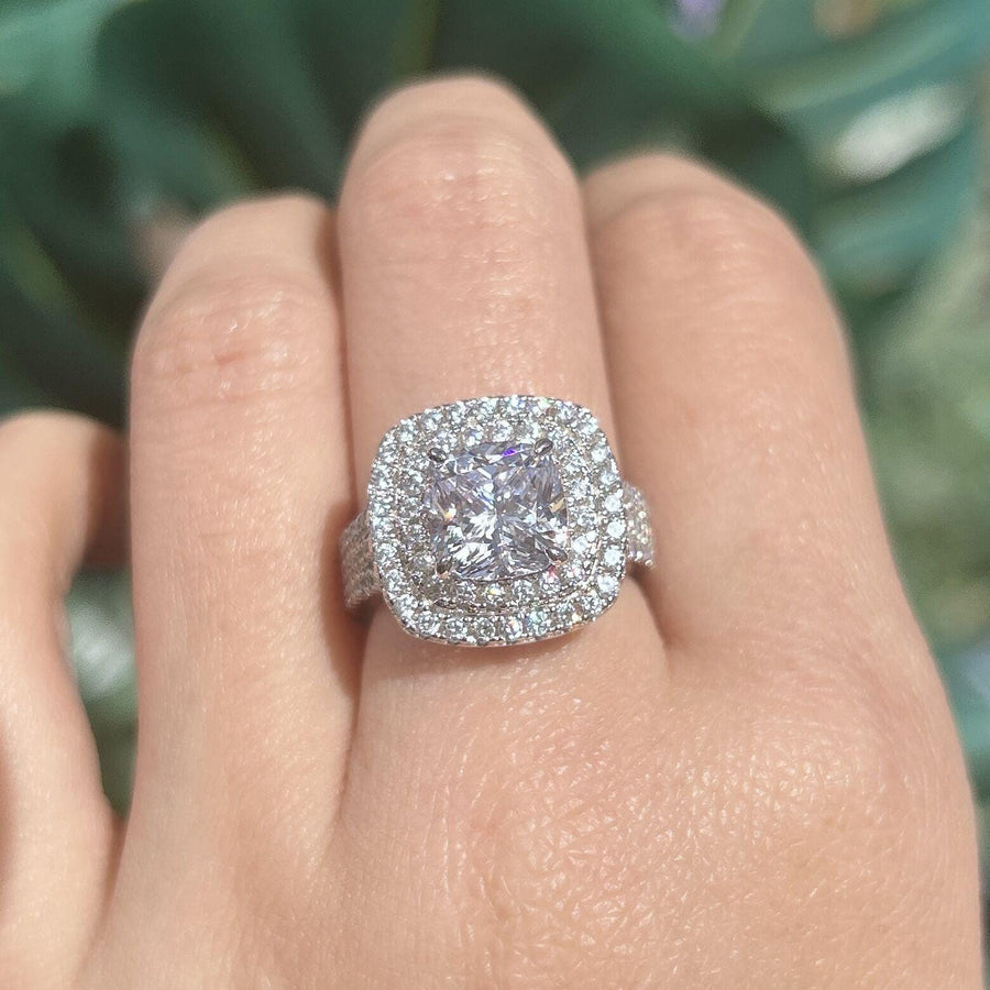 Stunning Double Halo Three Shank Cushion Cut Sterling Silver Engagement Ring hot
