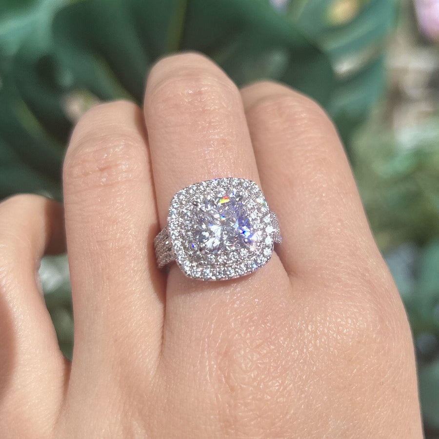 Stunning Double Halo Three Shank Cushion Cut Sterling Silver Engagement Ring hot