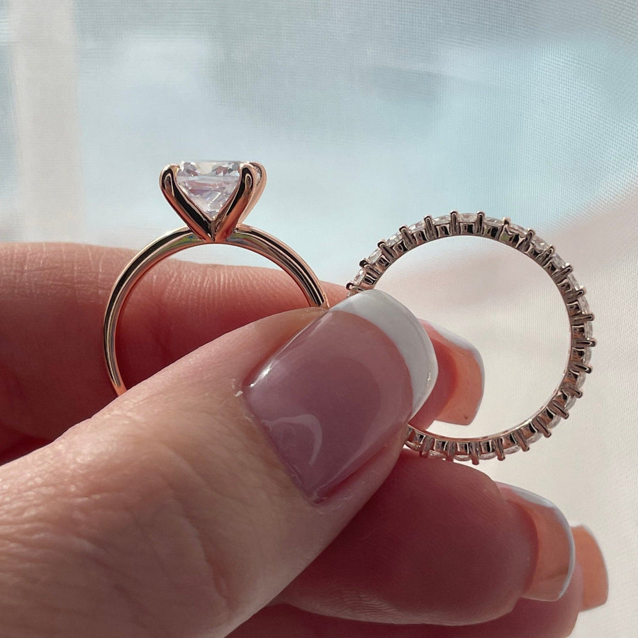 Cushion Cut Solitare Bridal Set Ring with Round Cut Eternity Ring in Sterling Silver Shineofdiamond
