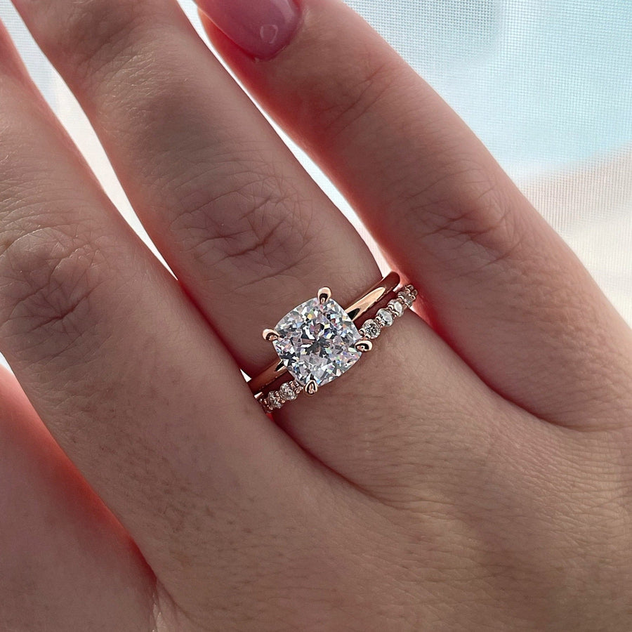 Cushion Cut Solitare Bridal Set Ring with Round Cut Eternity Ring in Sterling Silver Shineofdiamond
