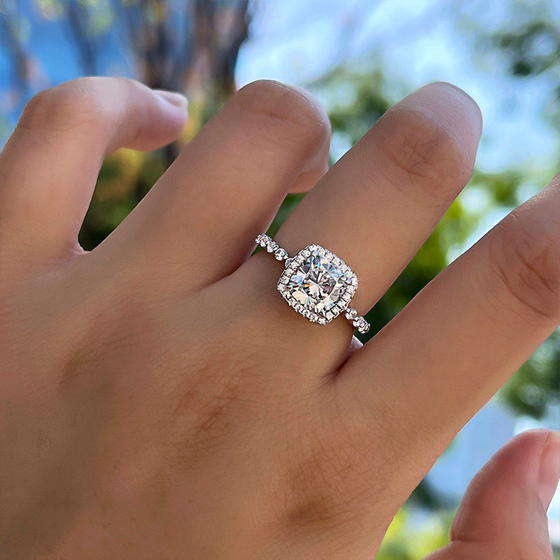 Halo Cushion Cut Engagement Ring In Sterling Silver Shineofdiamond