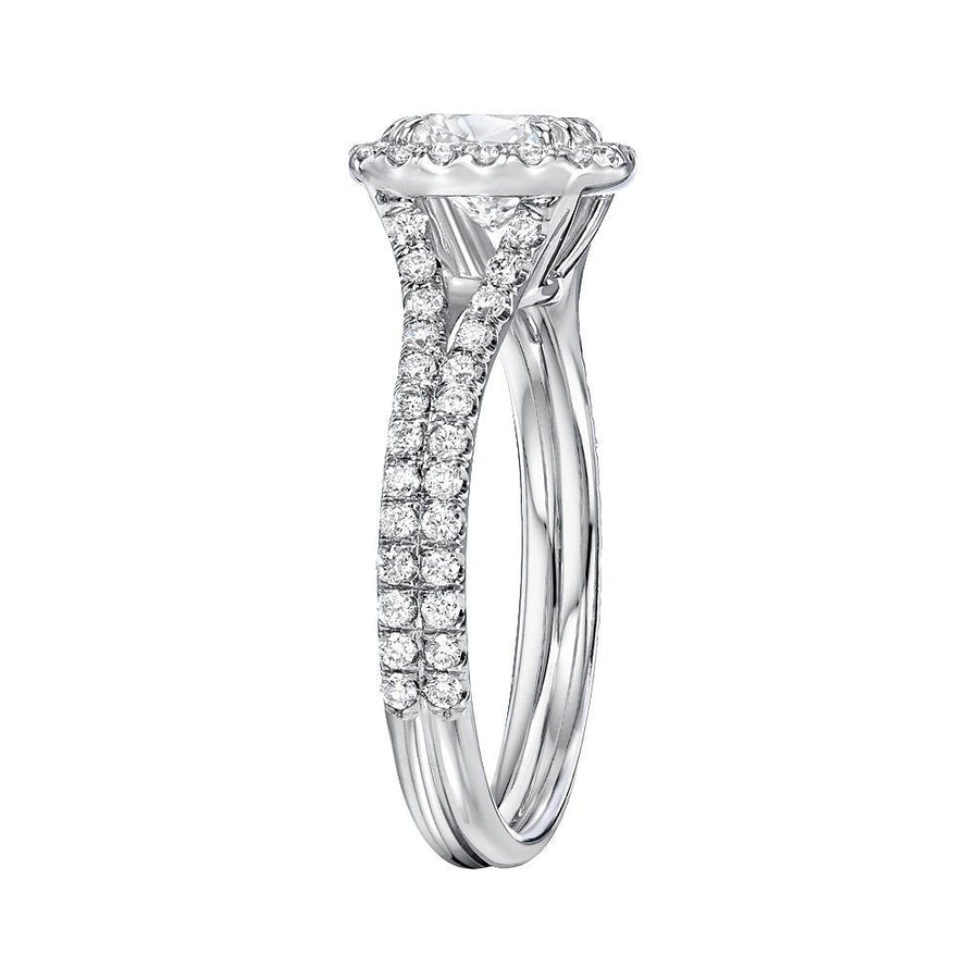 Halo Cushion Cut Split Shank Engagement Ring in Sterling Silver shine of diamond