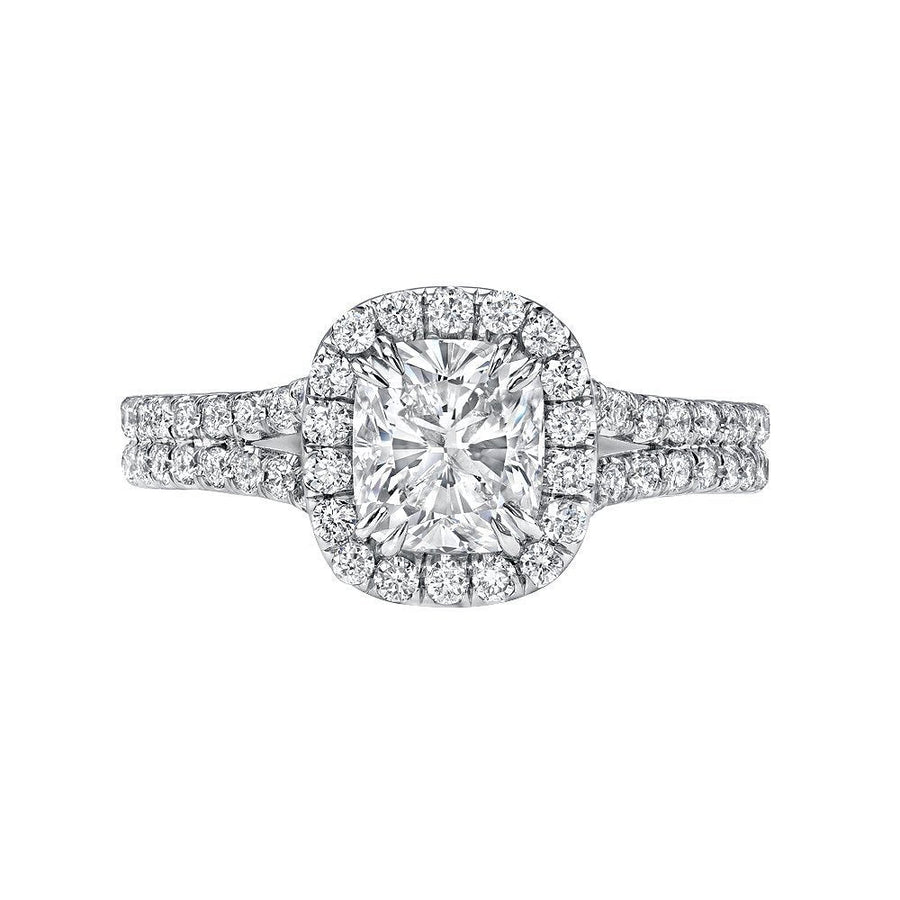 Halo Cushion Cut Split Shank Engagement Ring in Sterling Silver shine of diamond