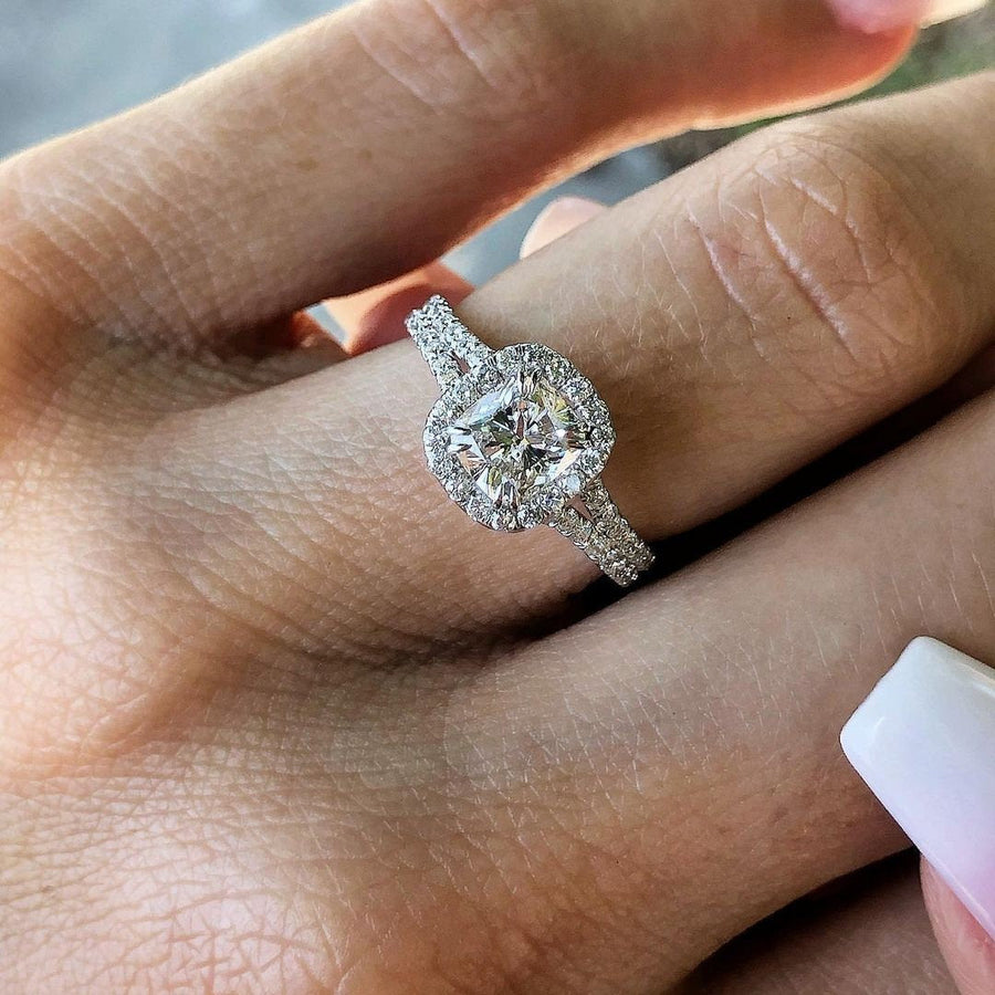 Halo Cushion Cut Split Shank Engagement Ring in Sterling Silver shine of diamond