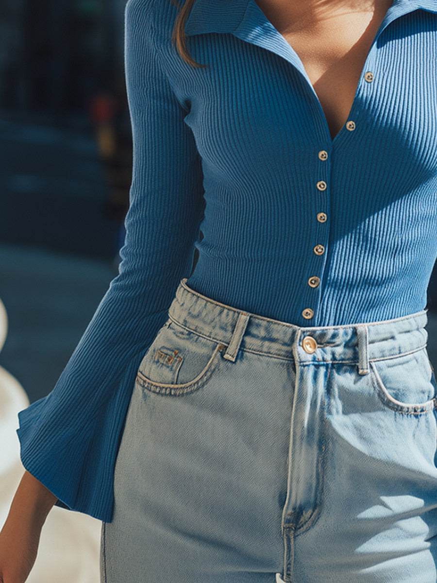 Flared-Sleeve Ribbed Button-Front Knit Top ZJ