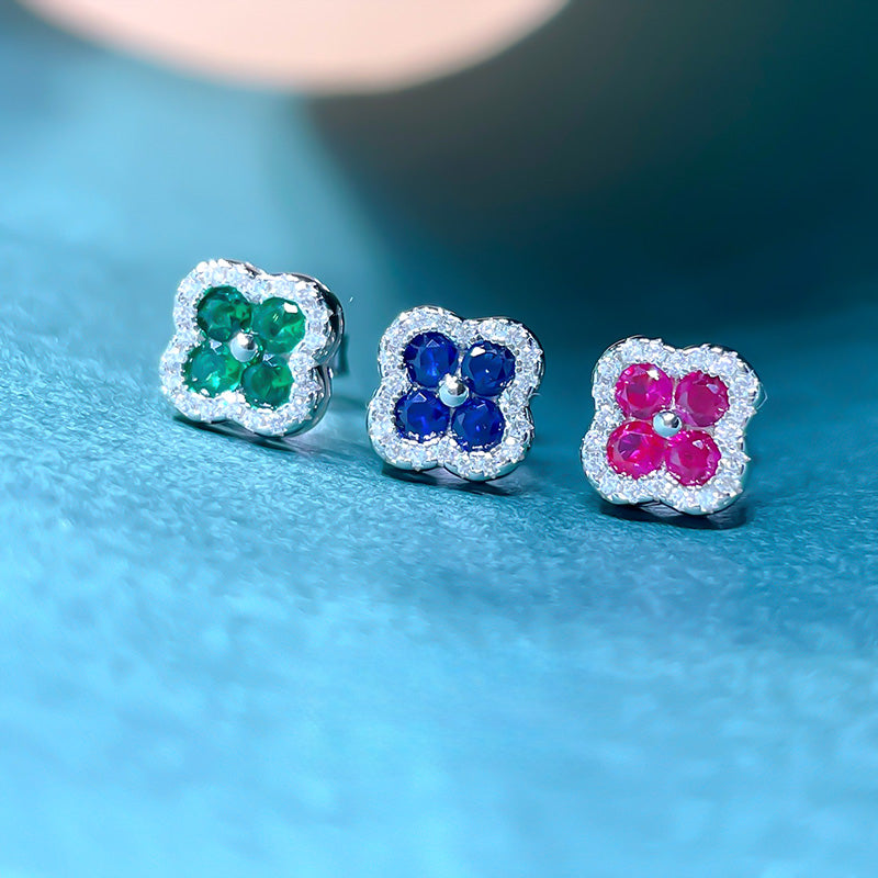 Clover Design Sapphire Stud Earrings in Sterling Silver shine of diamond
