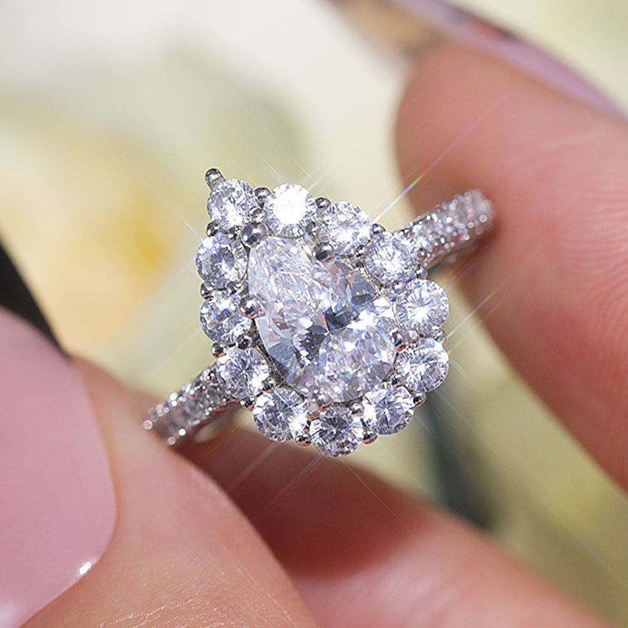 Stunning Pear Cut Halo Design Sterling Silver Engagement Ring Shine of Diamond