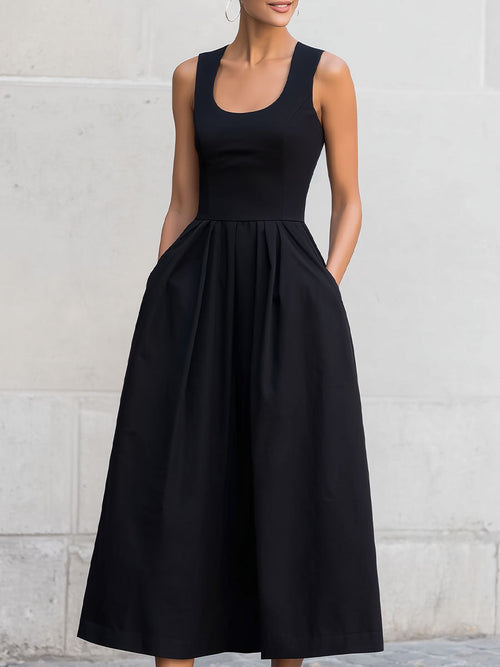 Black Sleeveless Square-Neck Midi Dress SN
