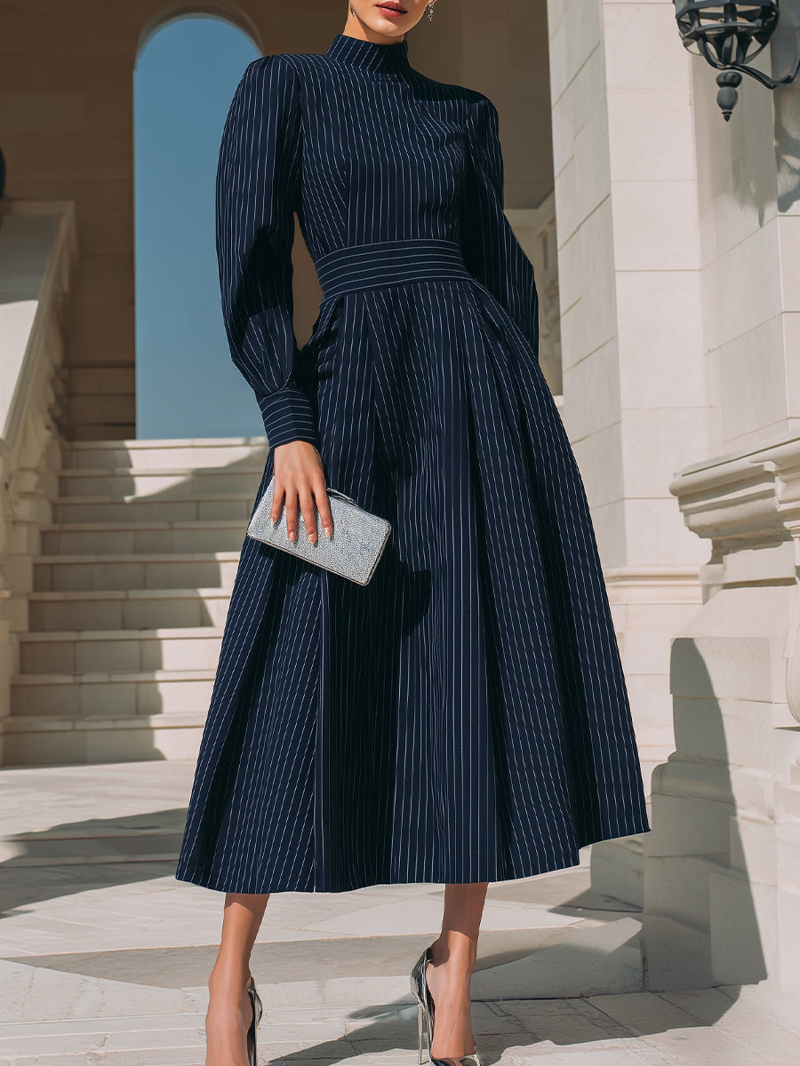 High-Neck Pinstripe Midi Dress With Structured Waist XYS
