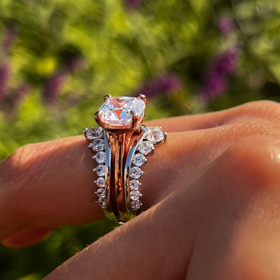 Luxury 2 Pcs Cushion Cut Halo Design With Insert Band Bridal Set Shine of Diamond