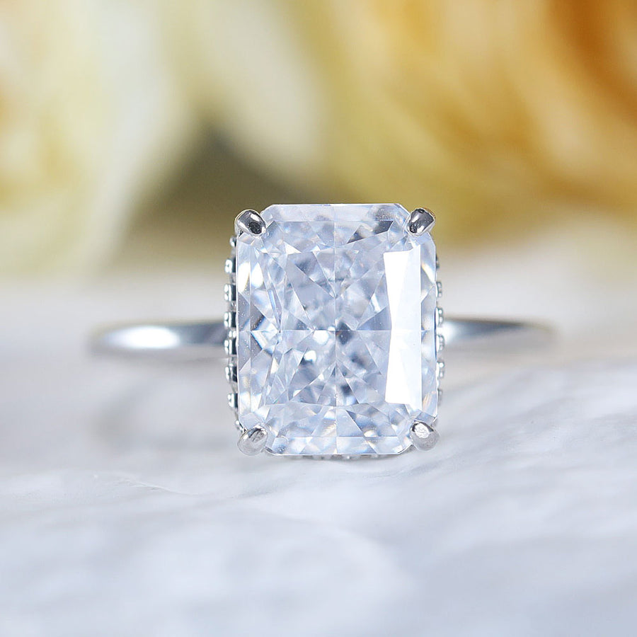 Stunning Hidden Halo Design Radiant Cut Sterling Silver Engagement Ring Shine of Diamond